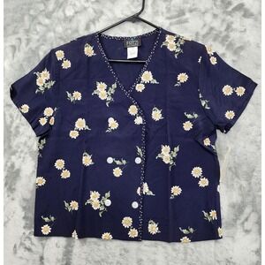 NEW Vintage Fritzi Top Womens M Blue Floral V-Neck Short Sleeve Double Breasted
